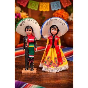 Vintage Mexican Folk Art Doll Couple with Sombreros | Handcrafted